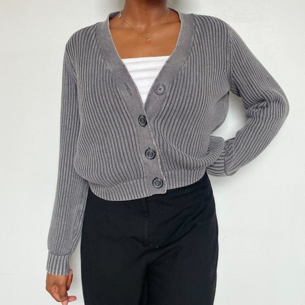 Old Navy Grey Ribbed Button-Up Cardigan
